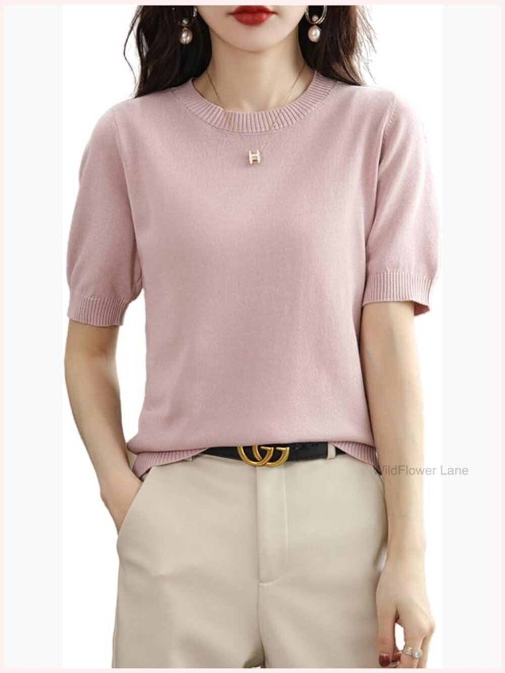 Womens Short Sleeve Sweater Crew Neck Cotton Pullover Lightweight Knit Blouse